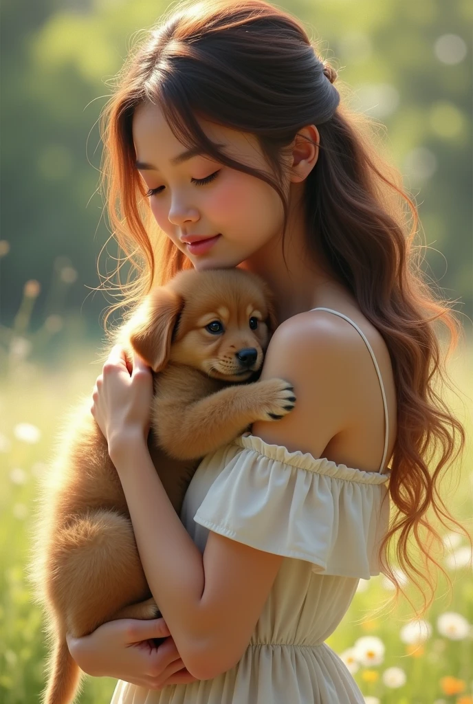 A 25-year-old girl，Long black hair，Wearing a white floral dress，Squatting，Holding a puppy，Happy smile