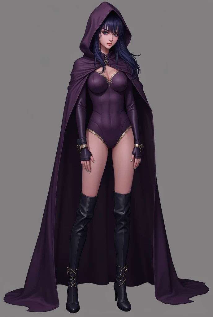 Full body view, big breasts, negleege, purple sheer cape with ribbon, nylon pantyhose, high heels, big hips, thin waist, thick thighs