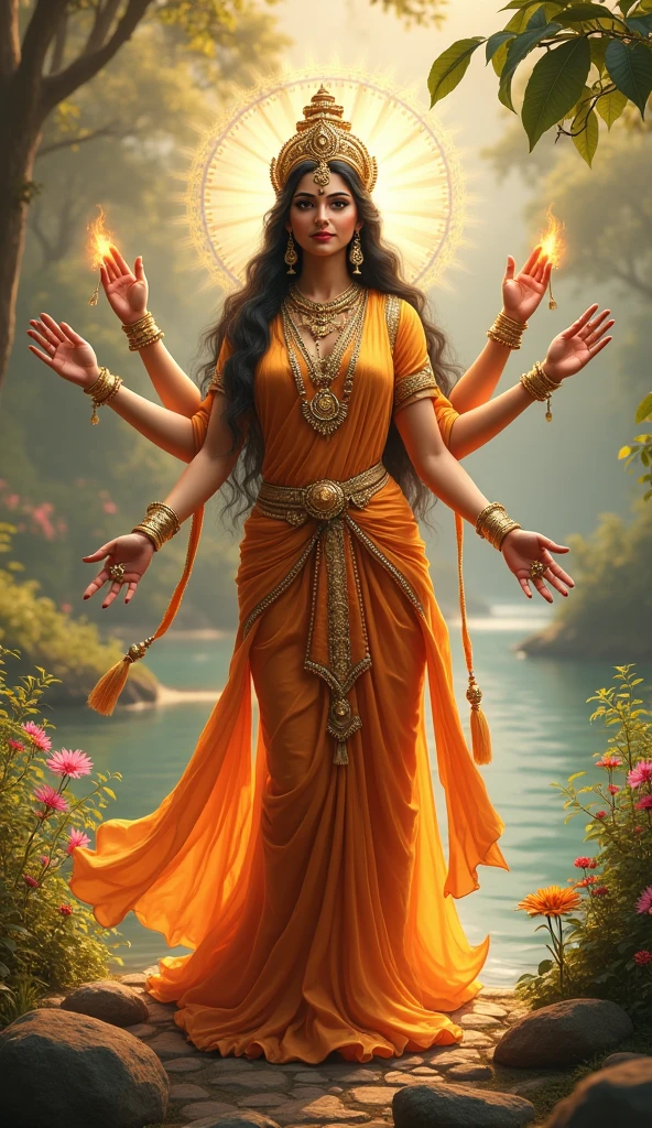 Create a high-quality background image featuring Mata Lakshmi, the goddess of wealth, in a serene and radiant pose. One side rich person one side poor person.The background should use rich, vibrant colors like gold, deep red, or green. Incorporate subtle symbols of prosperity, such as lotus flowers or gold coins, to enhance the theme of financial success and problem-solving. The design should be visually striking but balanced, with Mata Lakshmi as the central focus."