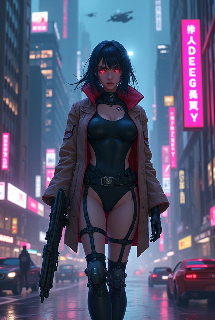 cyberpunk-style city with a nocturnal vibe with Blade Runner-like aesthetic references, glowing huge clock tower as time machine. At night, (1girl, solo, alone), photorealistic, medium-breast slim:0.6 body, oval:0.5 face, cleavage:1.1, sexy black laced bra, miniskirt, white laced panty, coat, (black micro sunglasses), (holding a short gun), (slightly leaning forward running pose), ((half-body thigh level medium shot)), cinematic lighting, ray tracing, motion blurred background.