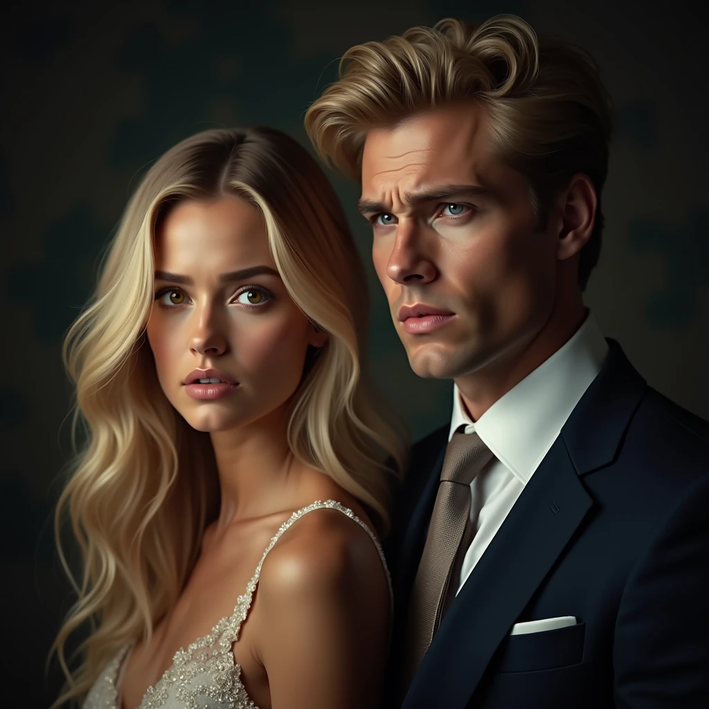 a girl in a wedding dress with light hair and grey eyes, and two men at his side, one with a black suit black hair and gray eyes and a very well-formed body and a beautiful look, super beautiful, the other with a blue suit, brown hair and dark eyes and cute bodies, Cyberrealist