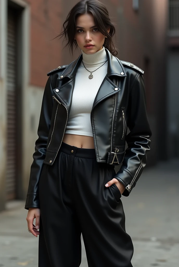 photo of a 0ER0_Alyssa_Kulani, <lora:epi_noiseoffset2:0.8>, bokeh, (High-waisted skinny jeans with a cropped leather jacket, turtleneck undershirt, accessorized with a statement belt, and sleek ankle boots:1.2), RAW photo, 8k UHD, soft lighting, high quality, film grain, Fujifilm XT3, 16mm, color graded portra 400 film, remarkable color, remarkable detailed pupils