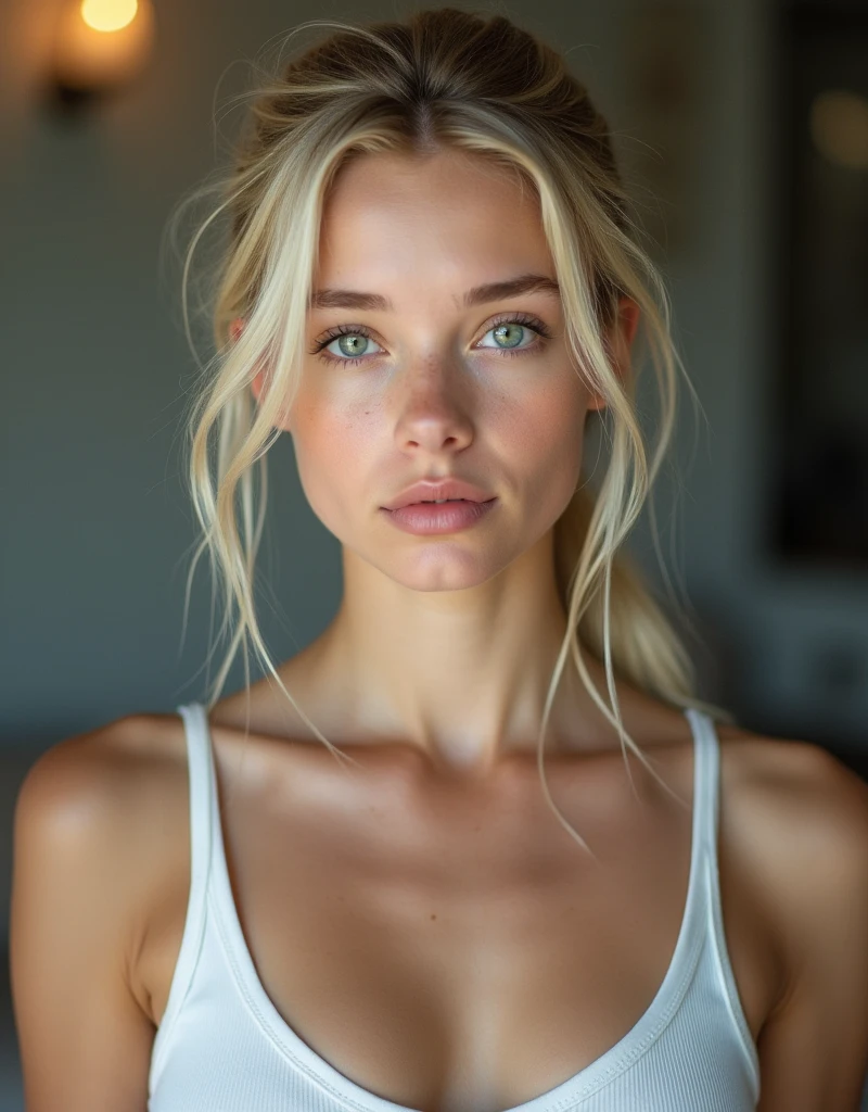 Realistic photographic portrait of a young woman with delicate and proportioned features: sharp face, blue eyes, small and profiled nose. With natural blonde hair, tied back, she takes the photo realistically, as if it was made with a Sony alpha 77 DSLR camera. With light from the front, body from the front. face from the front looking at the camera from the front. waiting for dinner sitting at a table in a cafeteria.