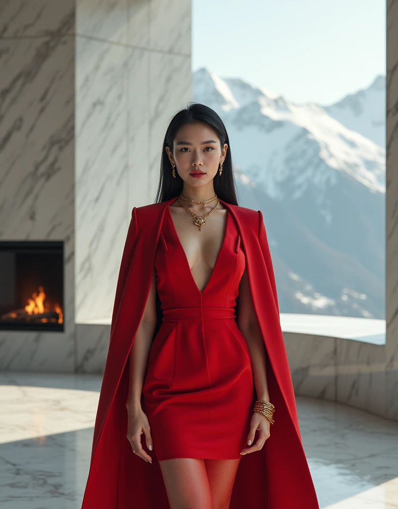 beautiful chic business woman, stately, stately chinese woman, elegant sheer gown, red form fitting dress, long sleeve dress, black pencil skirt, deep v, delicate gold necklace, delicate gold body chains, chic and stylish, stately and mature, powerful executive, delicate bangle, wearing a short cape, busty, beautiful woman, cold lighting, asian woman, cleavage, short cape, gold chain embroidery, brutalist white marble room, gold buckles and chains, bay window, snowy mountain peaks outside, slutty and kinky, body chains, portrait, portrait of a beautiful woman, mountains visible through window, small warm fireplace, bay window, ebony furniture, beautiful and powerful chinese woman, delicate body chains, confident and powerful, gold necklace, seductive and confident, pale skin, brutalist superstructure, vast brutalist room, ((lots of jewelry and chains)), cleavage, black hair, in front of skyline, busty, confident and powerful, stately outfit, slutty dominatrix, snowy brutal mountains outside,
