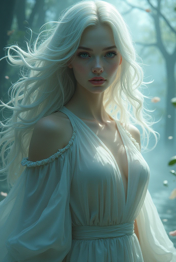 a girl who has pearl white skin like vampires, divine beauty, siren eyes, blue ocean eyes, long lashes, arched eyebrows, darkened gaze, pointed nose, natural red lips, sharp jawline, long silver shiny straight hair, ethereal glowing skin, hourglass body, wearing white dress that shows skin and holds her body and curves perfectly. Dark ethereal background.