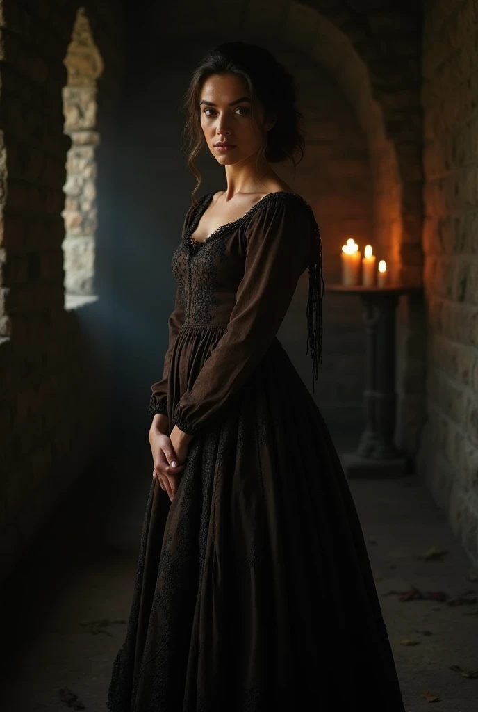 lady wearing a burgundy dress, Dark image with medieval background, black hair falling over her shoulders