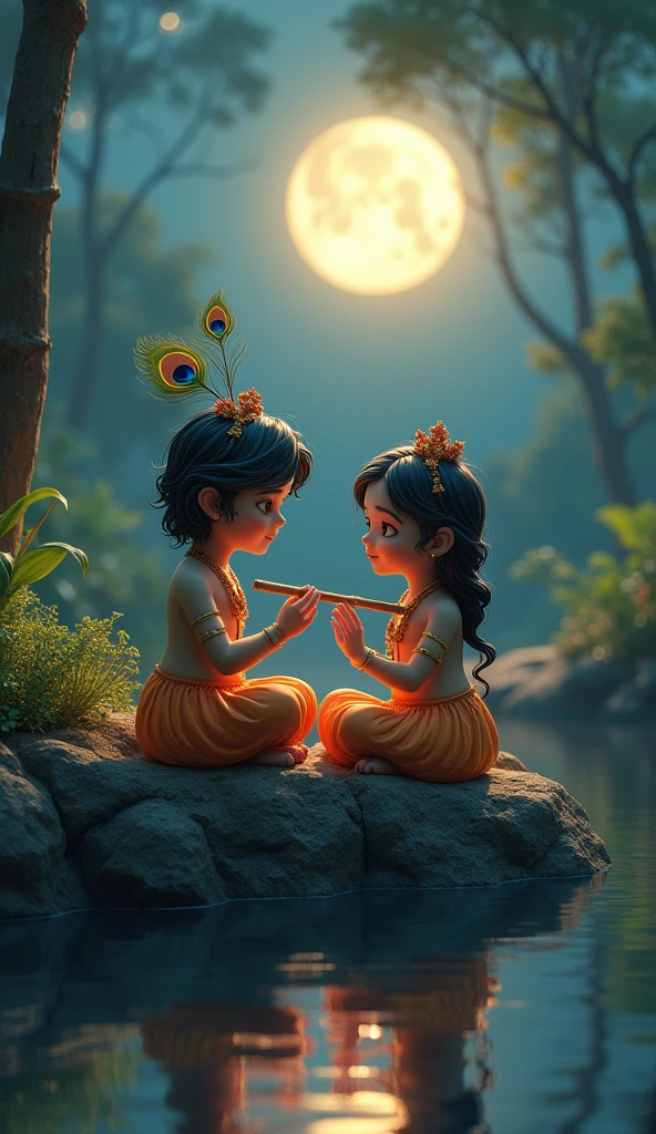 Create 3D image of 1 Indian devotional girl sitting next to Krishna ji and Krishna ji is playing flute, they both are on swing and swing is nicely decorated and sitting together, boy is wearing black color T-shirt with name “ ARTI SHAKYA” written on it, heaven like beautiful scene background, peacock dance, realistic image and boy is bare feet.