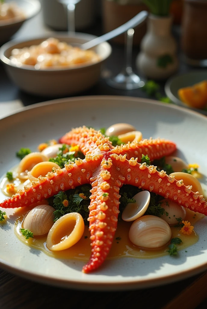 Saute starfish with clams and jellyfish