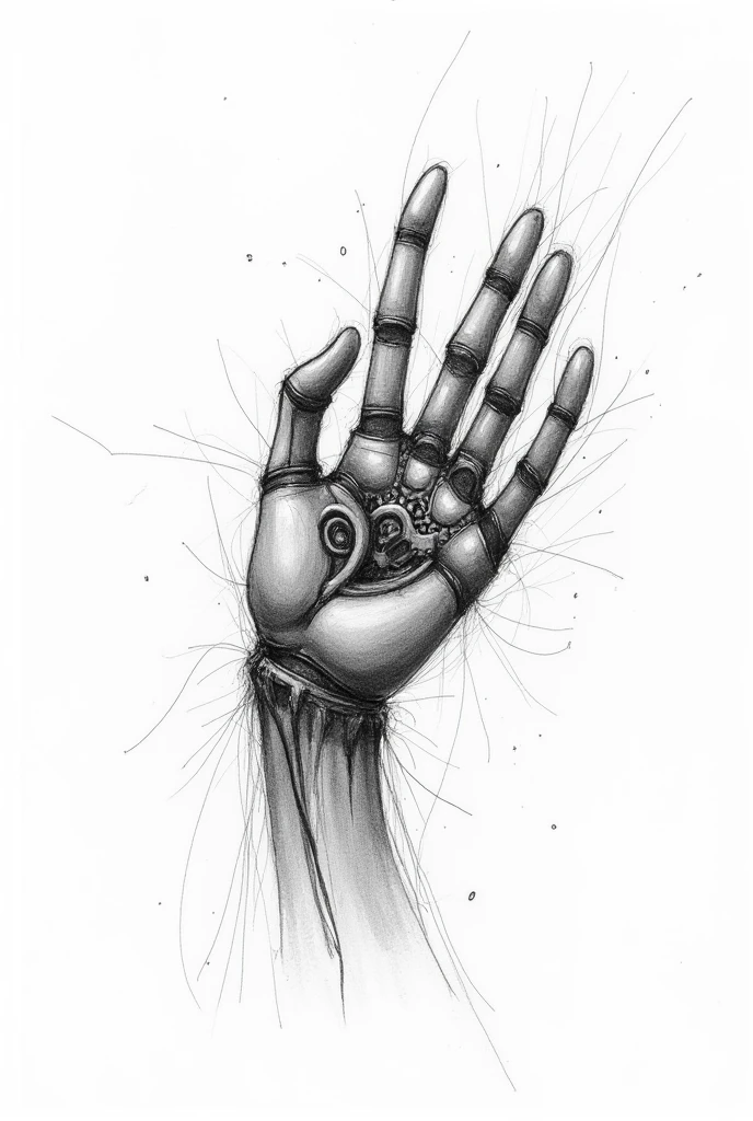 Rough pencil sketch of a mechanical hand, close-up view with messy and chaotic linework, emphasizing a raw and unpolished artistic style, bold strokes and overlapping lines, gears and joints visible with intricate mechanical details, minimal shading, clean white background, an expressive study of machinery with a spontaneous and dynamic sketch style