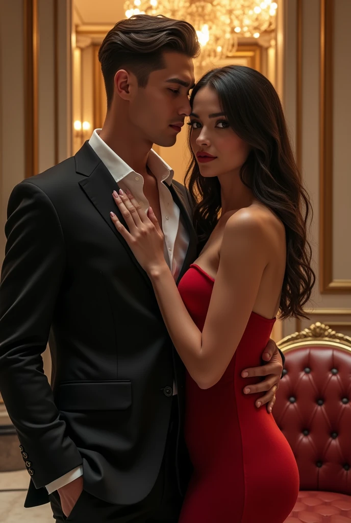 Sultry couple, hugging. Dark romance aesthetic. Handsome man wearing black suit. Beautiful long black haired woman wearing red dress. Nsfw.