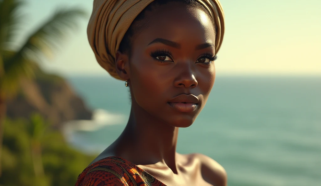 Create a black African woman with big breasts in a sexy outfit and with natural blonde hair
