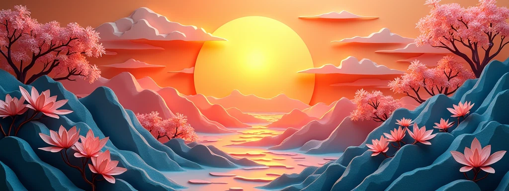 Paper cutting art, paper craft art, First sunrise of the year, professional and perfect composition, extremely delicate depiction, extremely clear image, various effects, bold and dynamic, contrasts of light and shadow, ultra detailed, absolutely resolution, masterpiece