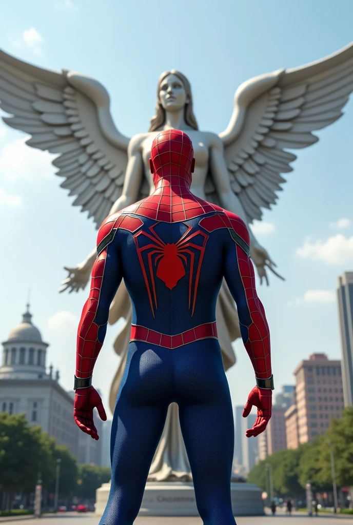 Spiderman is standing and on his back, showing the entire back of his body.,  Realistic photo, en 4k, high resolution and with a background showing the angel of independence of Mexico City