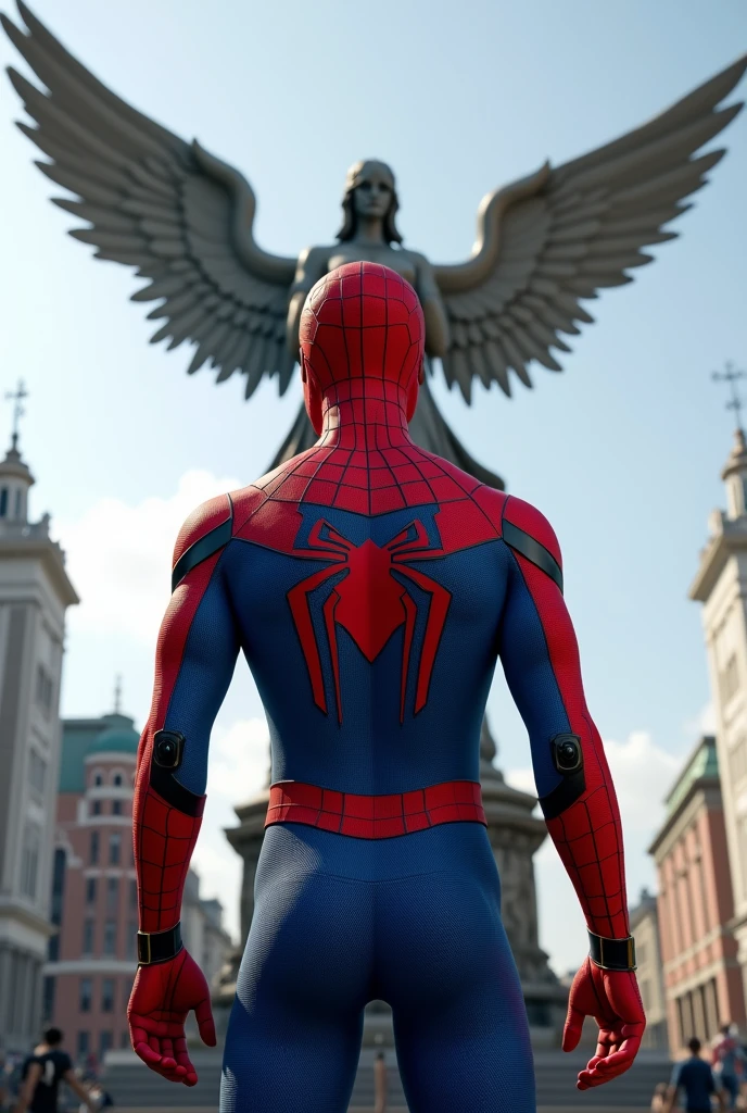 Spiderman is standing and on his back, showing the entire back of his body.,  Realistic photo, en 4k, high resolution and with a background showing the angel of independence of Mexico City