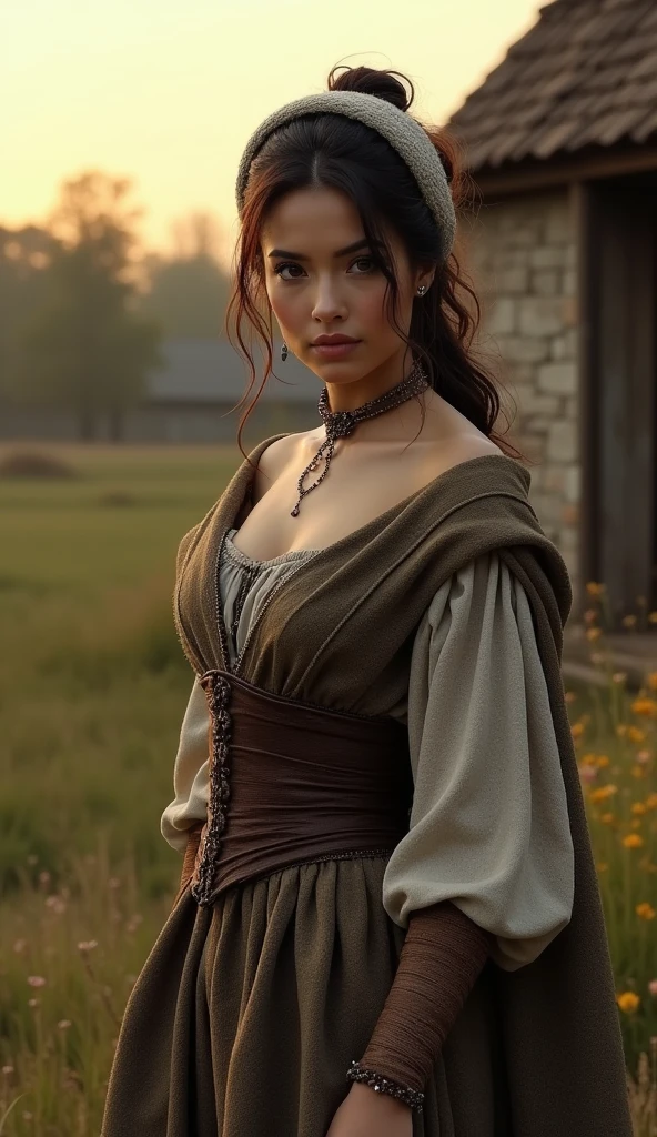 Beautiful and sensual busty athletic (delgado) Dark-haired peasant woman with sharp facial features wearing a modest updo, medieval hair covering, gray and brown medieval pants made of rough yarn, long sleeves, wide collar, long dress, tight bodice, corset, middle Ages, cabin, farm, exterior, trees, field, evening, Sunset.What?(((take it from behind)))), (((fat ass))), (((((Full body shot))))), (((looking to the camera)))