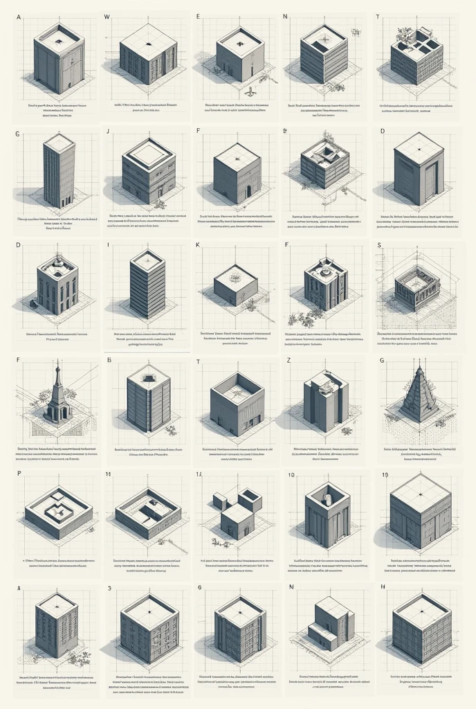 A collage of images showing examples of iconography used in architectural drawing and their meaning.