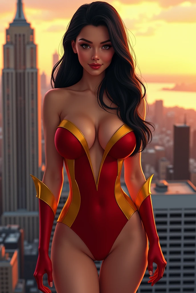 Superheroine on top of a building looking at the viewer with a large butt. 