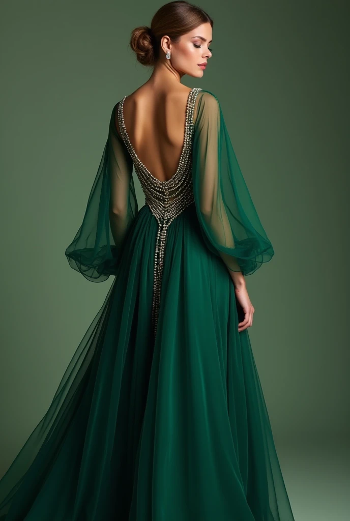 Farbe: A deep emerald green, elegant and vibrant.
styled: The dress has a long, flowing silhouette, inspired by Greek goddesses, that falls gracefully to the floor, with a light and ethereal movement.
bare back: The back is fully open, with thin straps that cross softly to add a sensual touch.
leg slit: A high slit on the left leg, that brings an air of boldness and sophistication.
neckleace: The dress has no neckline in the front, maintaining elegance and mystery, with a delicate drape over the bust.
styled Guerreiro: Subtle details inspired by armor, like delicate metallic ornaments on the straps and waist, to evoke the strength of a warrior.
Glimmering Details: Small glittering details, like crystals or sequins, strategically placed to catch the light and add a touch of glamour to the movement of the dress.
Now show the front part.
Make it better by giving it a more warrior style.
Add sleeves that go from the shoulders to the floor.