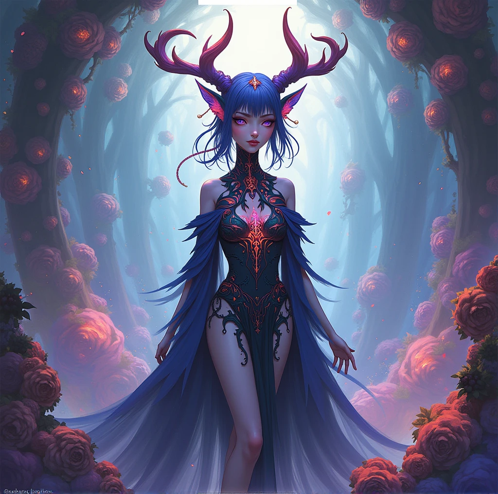 (Seductive nightmare)(Hyper realism)(Realistic fantasy)A moon elf greatly resembling Paris Hilton (age 25, psycho mouth full of jagged razor sharp teeth, long razor sharp finger nails, blue skin, violet eyes, silver hair, sheer spider silk lingerie(over exposed), silver body jewelry) is walking through a spider infested haunted woods, webs obscure the moon and carpet the ground. Immense webs and spiders in the tree tops.