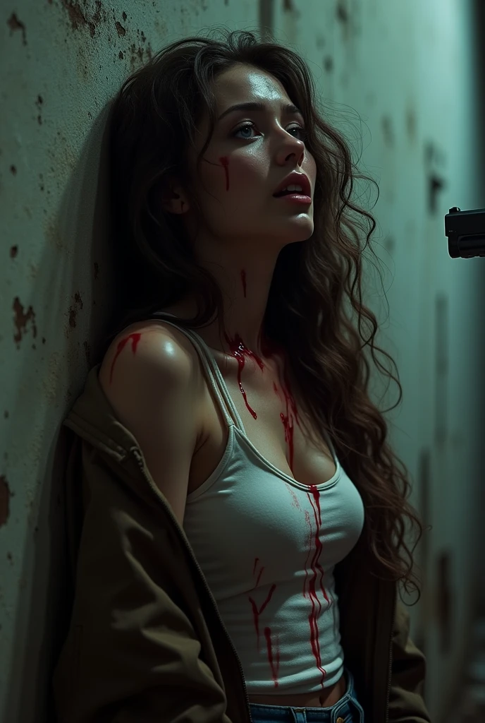 Chiac lying on an old stretcher, She is beautiful, she has a terrified expression because she is kidnapped, she is wearing a skirt, an open jacket, and bandages with dried blood on her chest, and her abdomen is uncovered revealing her navel