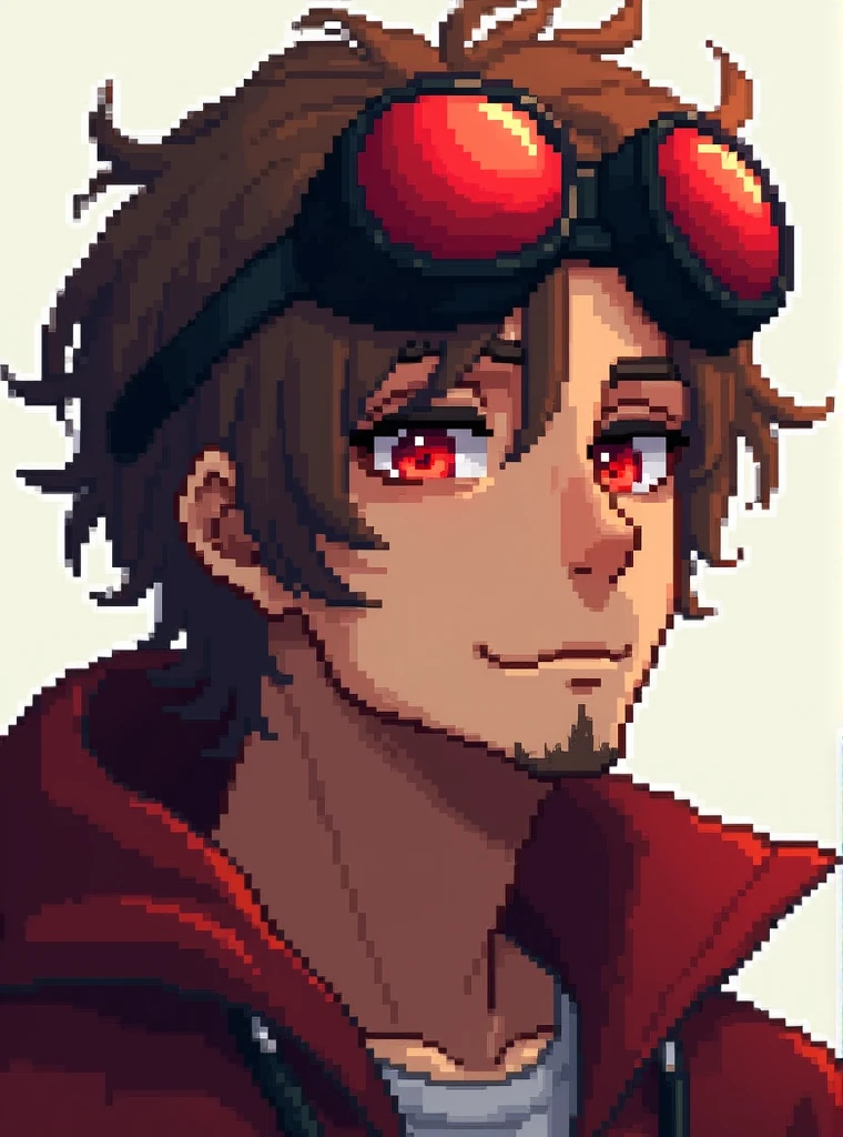 Pixel art style, male character, brown hair, red eyes, tanned skin, black and red hoddie, red crystal googles on the top of the head,  slightly curly hair, a little tan, light padlock beard , pngtuber , blank background,  best quality,4k,8K,highres, masterpiece:1.2),ultra-detallado,( realistic ,photo realistic ,photo- realistic :1.37), extremely detailed face and eyes, full portrait,  seductive pose, iluminación de estudio,  natural lighting, warm tones, dust , Rounder face