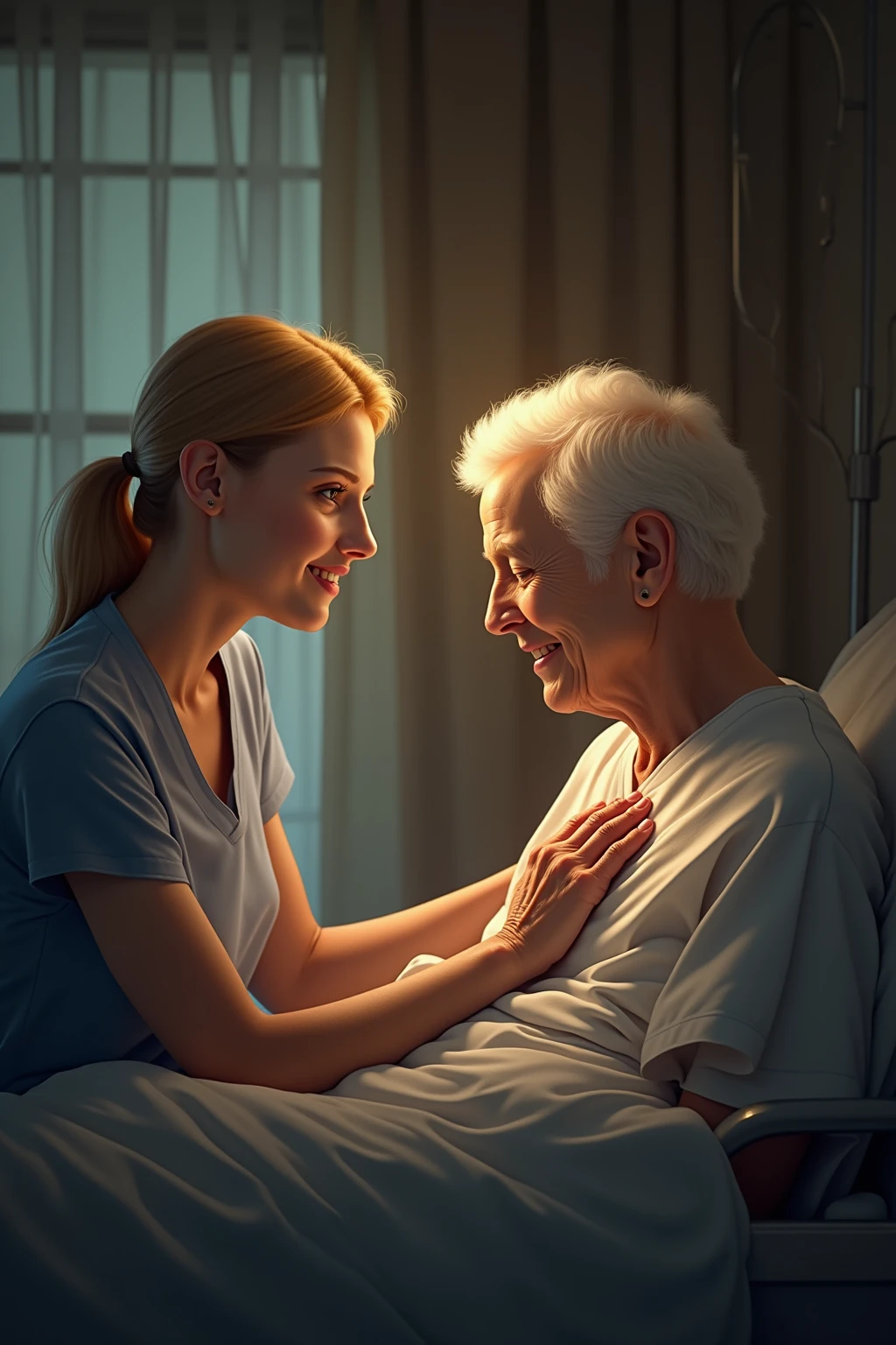 caregiver, in a lab coat, hugs the dear patient and gives her a red rose