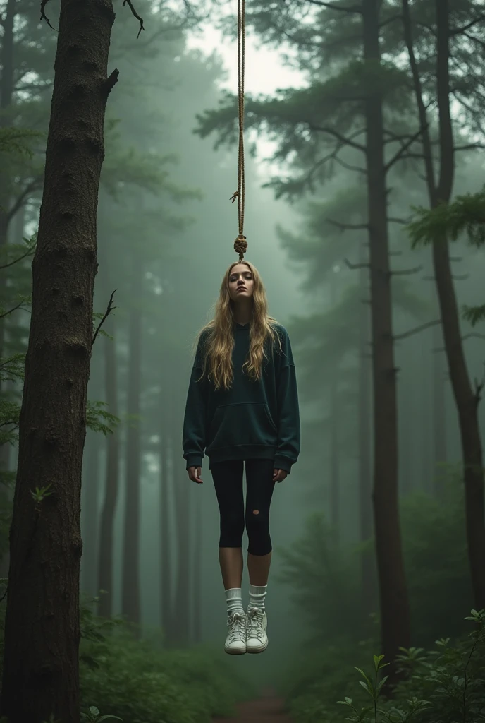 A haunting masterpiece, of unparalleled quality, showcasing a tragic scene of a teenage girl hanging from a tree. The rope around her neck, reminiscent of a hangman's noose, is rendered in exquisite detail, a testament to the artist's skill. The atmosphere is horrific, laden with sadness and a profound sense of melancholy. The girl's torn clothing is rendered with vibrant colors, contrasting starkly with the somber scene.

The dramatic lighting, inspired by chiaroscuro, creates a cinematic atmosphere, with deep shadows and highlights that evoke a moody, gritty, and dark gothic ambiance. [The character is surrounded by mist, evoking a mysterious and eerie atmosphere. The lighting is dark and atmospheric, with a red smoke adding a touch of sinister ambiance. The image is of the best quality, with a resolution of 4k and HDR enhancement, showcasing the utmost level of detail and realism, sfw, full body shot.]. [8K, Best Quality, Masterpiece, Ultra High Resolution, (highly detailed CG unity 8k wallpaper), (best photo), (best shadows), isometric 3D, octane rendering, ray tracing, highly detailed, (Best quality, 4K, 8k, A high resolution, masterpiece:1.2), absurdity, masterpiece, ultra detailed, (realistic, photorealistic, photorealistic:1.37), complex parts, HDR, (complex parts:1.12), (hyper detailed, hyper realistic, Soft lighting, spicy:1.2), (complex parts, Hyper detailed:1.15). Blurred foreground. (backlit), realistic, masterpiece, high quality, brightness, chromatic aberration, 8k uhd, some smoke, shadows, contrast, clear sky, (warm hue, warm tone), high details, natural reflections]. 