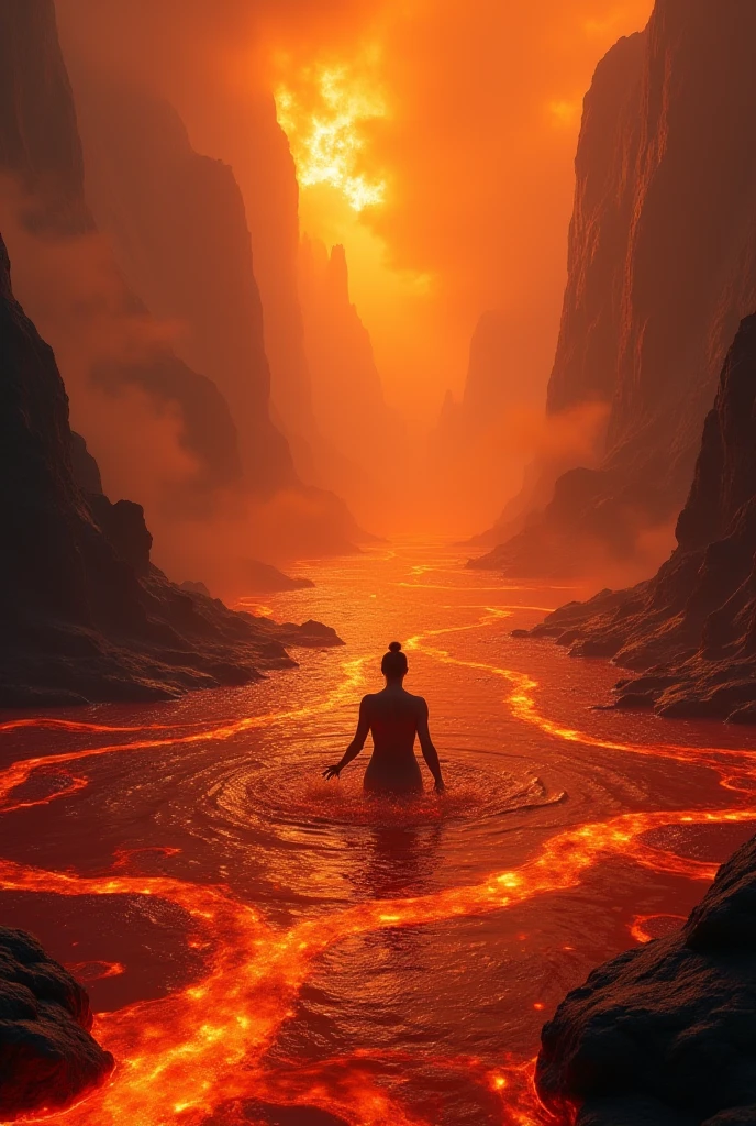 (Digital Art, meisterwerk) extremely beautiful sexy slim perfect pale gothic girl black hair 23 year old woman, nude bathing in red yellowglowing lava in a vulcanic valley, in a dark cragged dusty black scorched rocky mountain valley, eerie lighting , dramatic powerful lighting