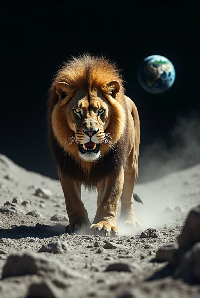 Draw a lion walking on the moon and looking for the earth to eat it and he is looking very hungry to eat everyone 