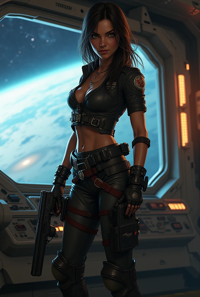 there is a woman holding a gun in front of a spaceship, ruined empire in the background, official character art, zombie of eternal damnation, Orion, c painting - 3 p 0, inspired by Sargent Johnson, planet sky in the background, juno promotional image, full helmet