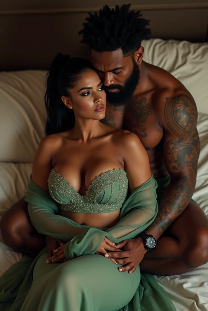 Newly wed indian couple, hot curvy south indian thick milf with single plaited hairstyle, big breast, big hip, big ass, thick thighs, woman wearing nighty, cleavage, indian couple, very short indian brown man with buzz cut, very big muscular body and beard, man wearing shorts, woman with man, couple in a big bedroom, high resolution, looking at camera, tall woman and short man, close-up potrait, Closed Mouth, serious face, man pinned woman on wall,