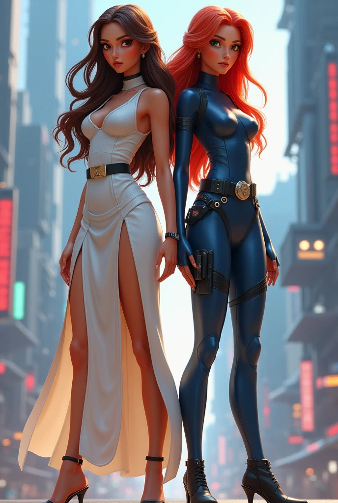 ( full body), (perfect body), Giganta, Giant woman,( Beautiful face), wearing high heels,( long hair), brown hair, (destroyed city)