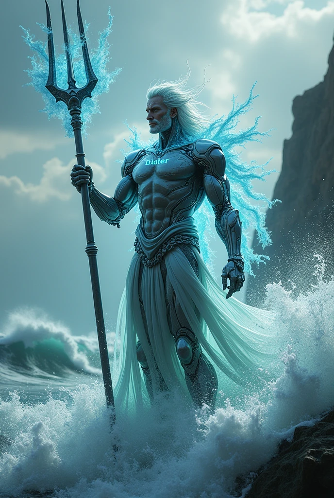 4k realism, (water element, humanoid body made of water: 1.2) sapphire aesthetic, full body, sky background, fantasy art, made of water, body of water, monster, male, male element, masculine, double exposure of otherworldly seascape, fused with the image of Neptune's trident piercing the surface of the water, creating dramatic energy and waves, palatial figures of gods towering in the background, evoking a sense of power and control over the power of the sea, illustrations, digital art