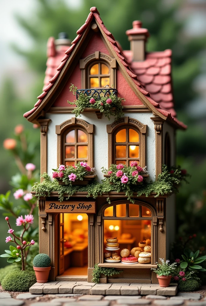 Miniature facade of a house with a pastry shop. detailed style.