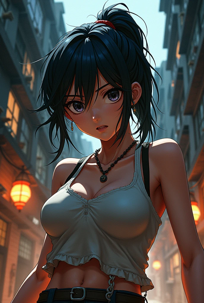 Woman in a raining City, she is wearing only a wet see through shirt, the view is from below her body and she is looking down at the viewer, city background with buildings trees and paths, rain drops, raining sky, water drops, the woman has a wolf ear and tail, wolf cut hairstyle with black hair, angry face and open mouth showing her sharp teeths, she has no underwear and is only using a wet white shirt, nsfw, exposed body, masterpiece anime art style, ultra dynamic, detailed background.