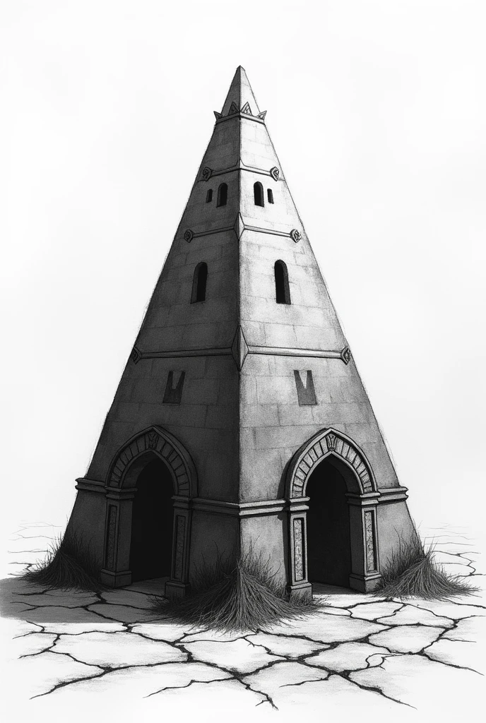  Black and white drawing shaded in perspective,  with a three-sided pyramid , with two medieval doors .