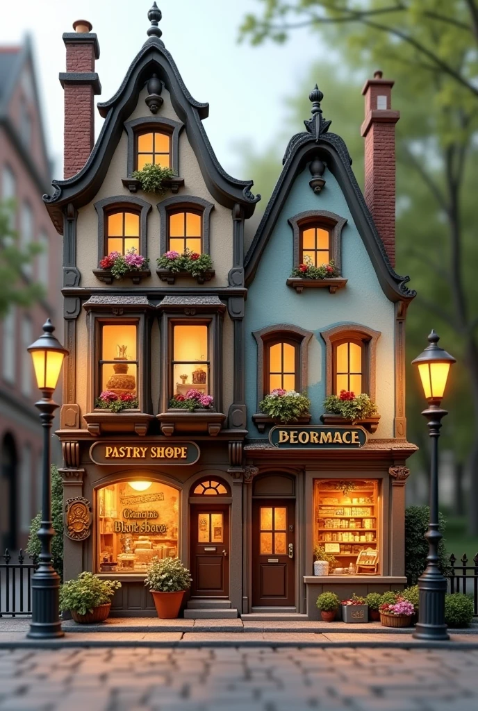 Miniature façade of two houses joined together with a pastry shop and a bookstore. detailed style.