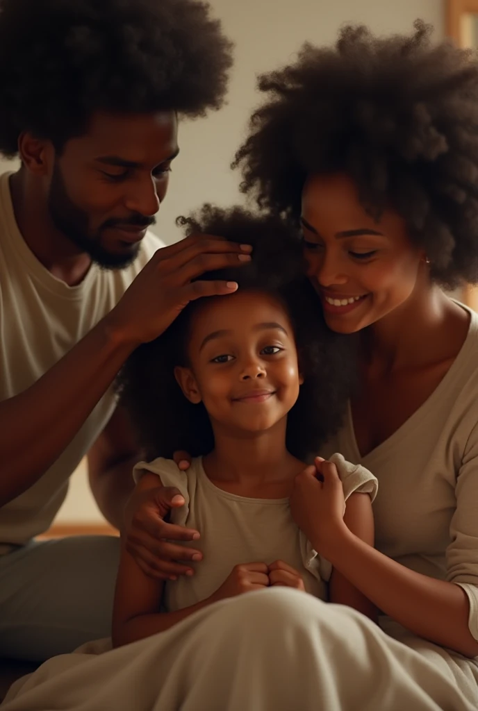 A girl in the living room talking to her mother and her stepfather watching in the background, She is black, she is 7 years old, her mother is black too and her stepfather is white