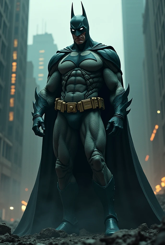 Batman in the Batman first appearance suit with the the black and gray with the cowl What’s the ears spread out? and purple gloves