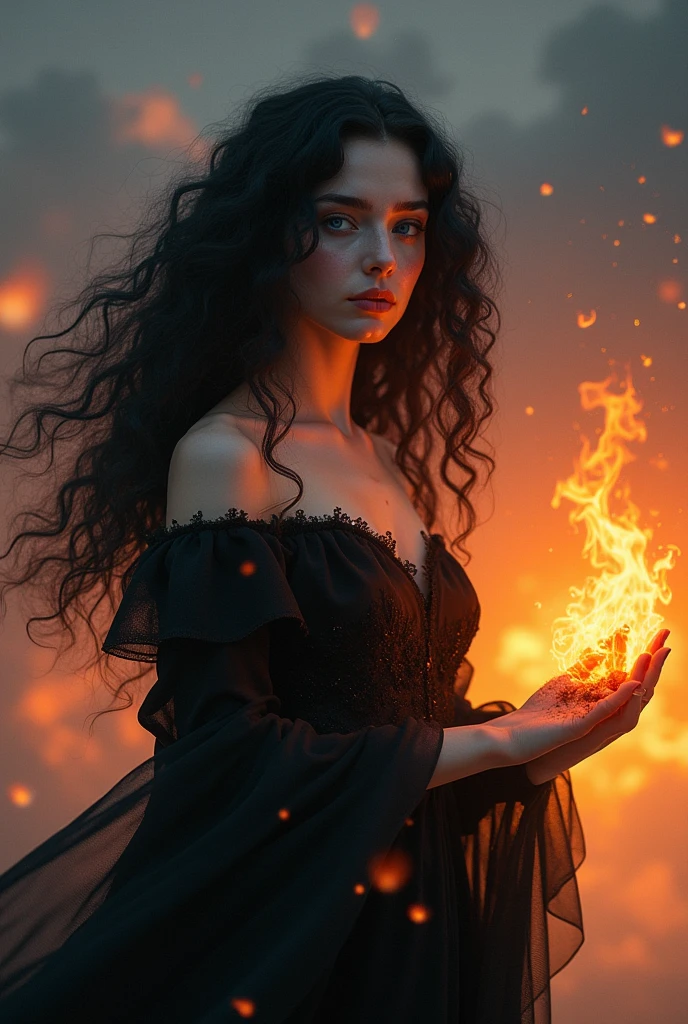 A dark woman with long curly hair emerges her burning figure in an environment of absolute infinite cosmos, her tears are stars