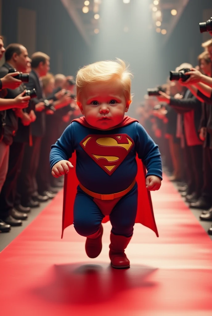 Create a scene where an adorable blond royal baby wears a Scratched Man superhero outfit and is spreading and throwing webs from his hands ,and parading on the catwalk, 4k motion camera