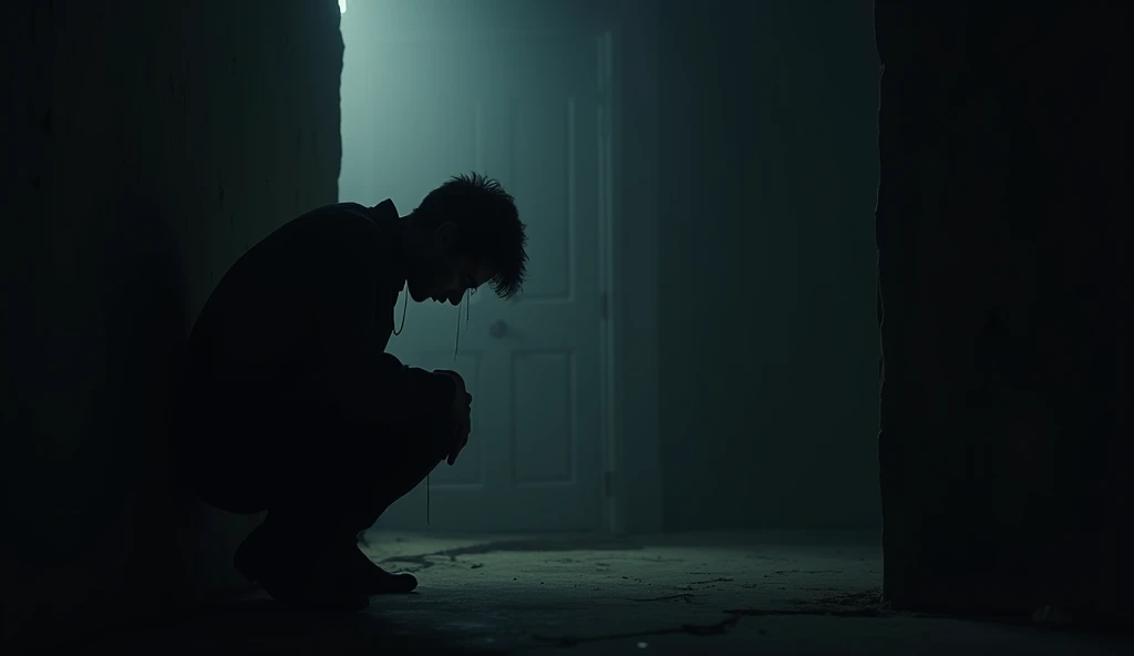 silhouette of a man crying in the corner of the dark room