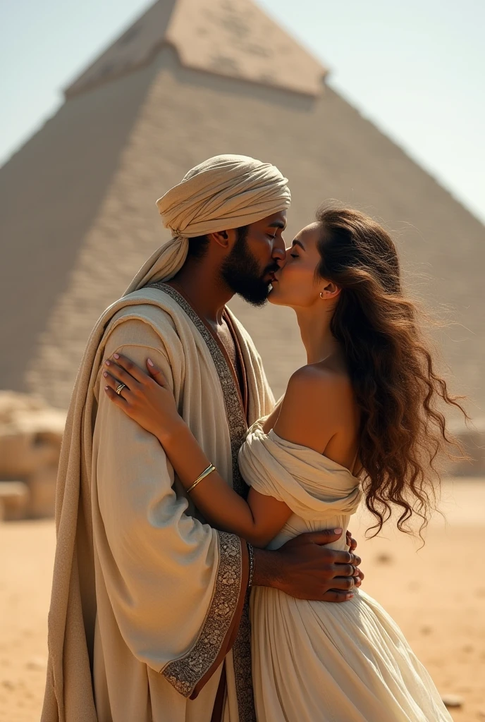two men try to kiss each other in egyptian landscape with the pyramid of Djoser. in egyptian dress, egyptian clothing, egyptian clothes