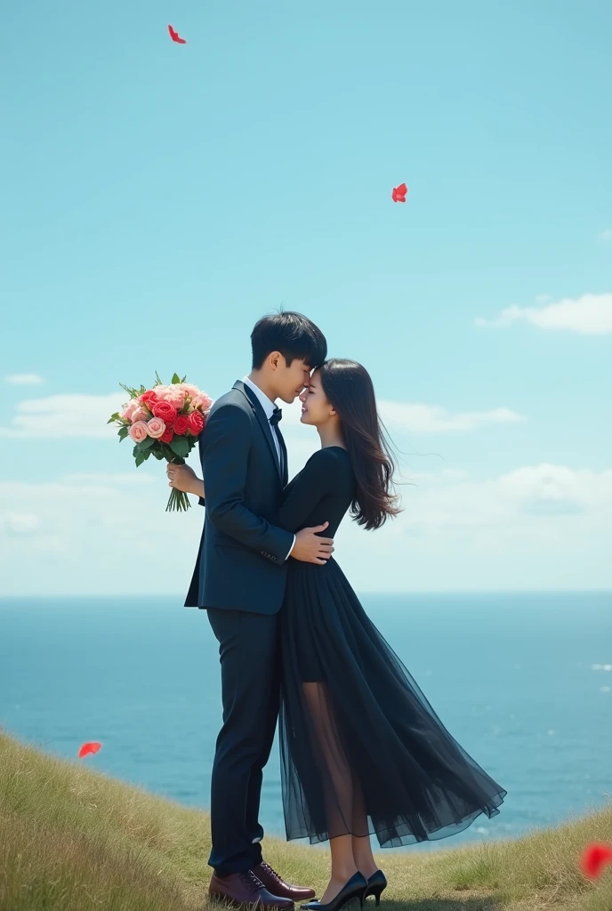best quality, masterpiece) Boy Kim Tae-Hyung of South Korean group BTS, man and woman dancing , embraced couple, long hair , (fifties clothes), (sunny day), saxophonist , yellow flowers, pose , couple , green eyes , black hair, sky full of clouds , old clothes , Long Dress , yellow, dancing , in love, V bts , Tae-Hyung, Bts , korean , perfect composition