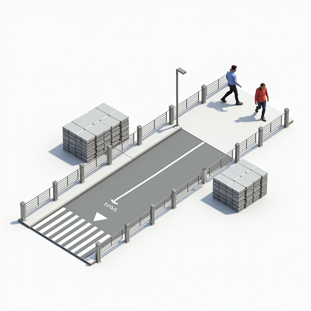 Create a, with metal packaging stacked next to the path of the crosswalk,  show the crosswalk protected by metal railings, free entry and exit of the crosswalk, with a clean white background ,  view from above, show working pedestrians walking over the .