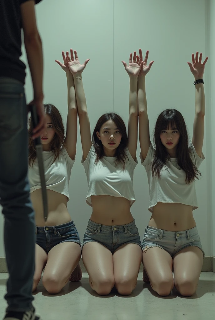 ((best quality)), ((masterpiece)), (detailed), 5girl, five North Korean female prisoners lined up against a wall dressed in white tanktop, (broken_clothes:1.2), hands above their heads tied up against wall revealing body curves, chains over body, plump body, underground prison atmosphere,