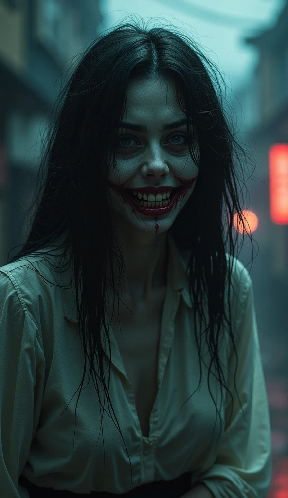 Kuchisake-onna, mask, big mouth, long hair, red coat, horror, scary, yokai, Japan