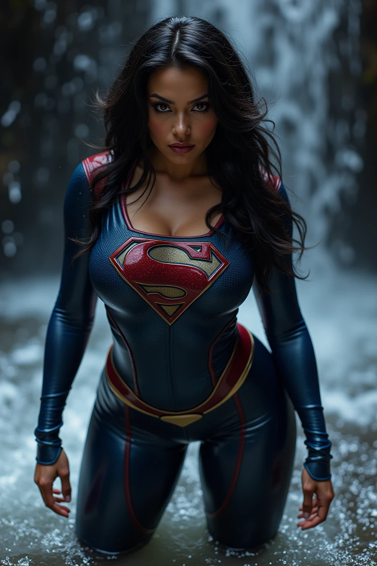 ((una hermosa mujer supergirl cyberpunk vestida de forma realist con un traje cibernético avanzado con capa roja)), EVA Movie Action Shot._reyes, A young woman , with a white suit and blue hair, forehead jewelry, look at the viewer, pose sexy, pale skin, Red eyes, simple white background, (a dystopian future in which humanity has been plagued by an apocalyptic scenario where gigantic monsters called “angels” seem to seek the destruction of life on earth), (Best Quality,8k,high resolution, (orgasm), masseter piece:1.2),ultra detailed,realist:1.37,portrait,dynamic angle ,adolescent, small head, beautiful, lovely face, Detailed beauty face, piel muy realist, wet skin, small and hard breasts, nice legs, cinematic lighting, (very detailed vagina ),