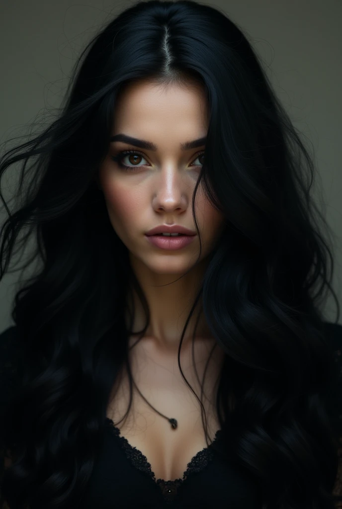 Hot girl with black hair, pretty face cold and siren eyes