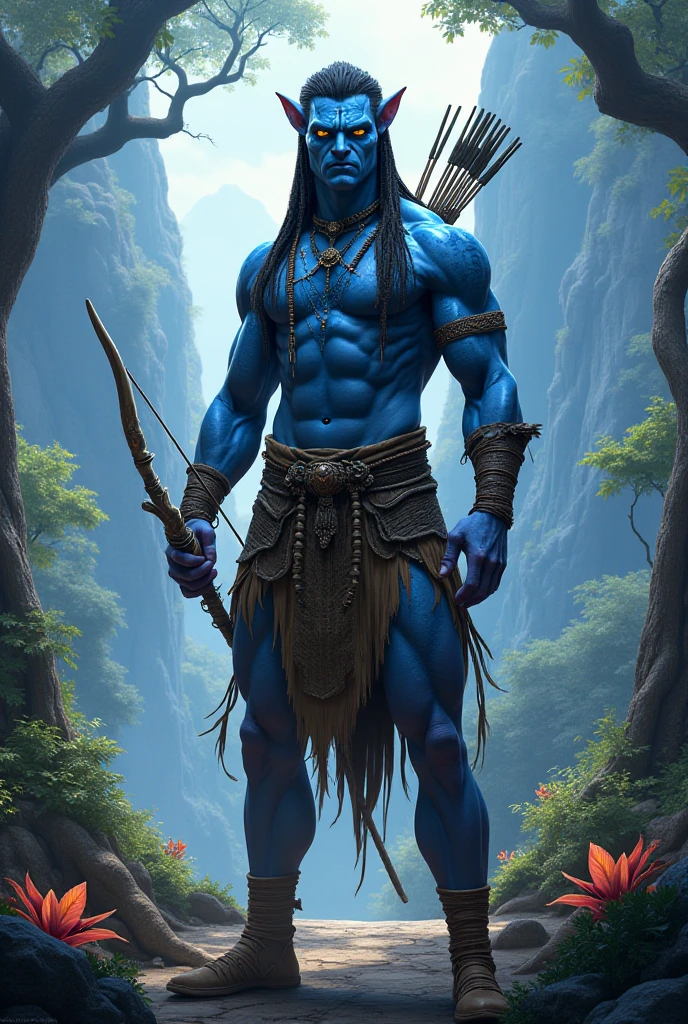 Avatar azul do filme, homem, forte de corpo todo, na floresta de Na'vi
